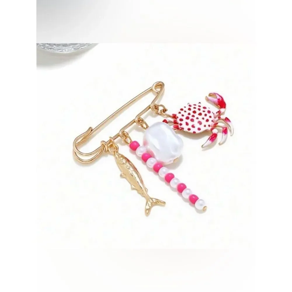 Gold Charm Safety Pin Brooch A1888